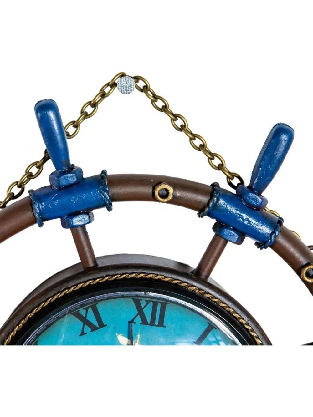 Home Blue Metal Ship Steering Wheel Boat Rudder Wall Decoration Hanging Clock